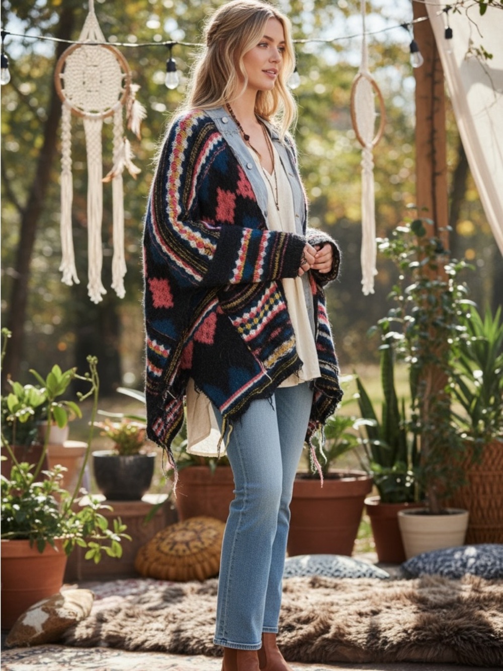 Free People Multicolor Striped Open Cardigan - Navy, Pink, Yellow, Cream